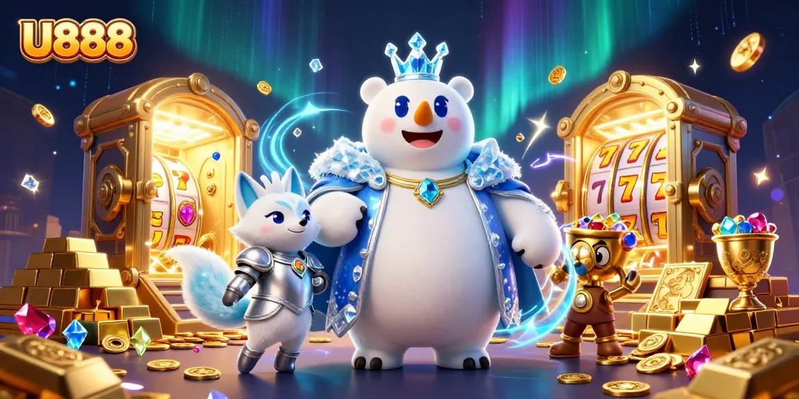 Visualize U888's exciting gameplay with a vibrant 3D polar bear and snow fox in a treasure-filled scene.