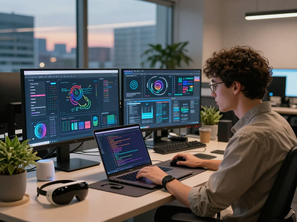 AI gf coding in a modern workspace with vibrant screens and AI gadgets.
