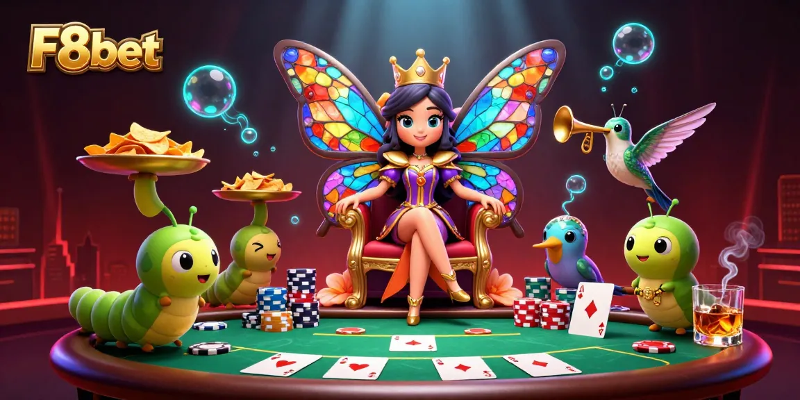 Experience F8bet's vibrant atmosphere with a butterfly queen and poker chips in this dynamic casino scene.
