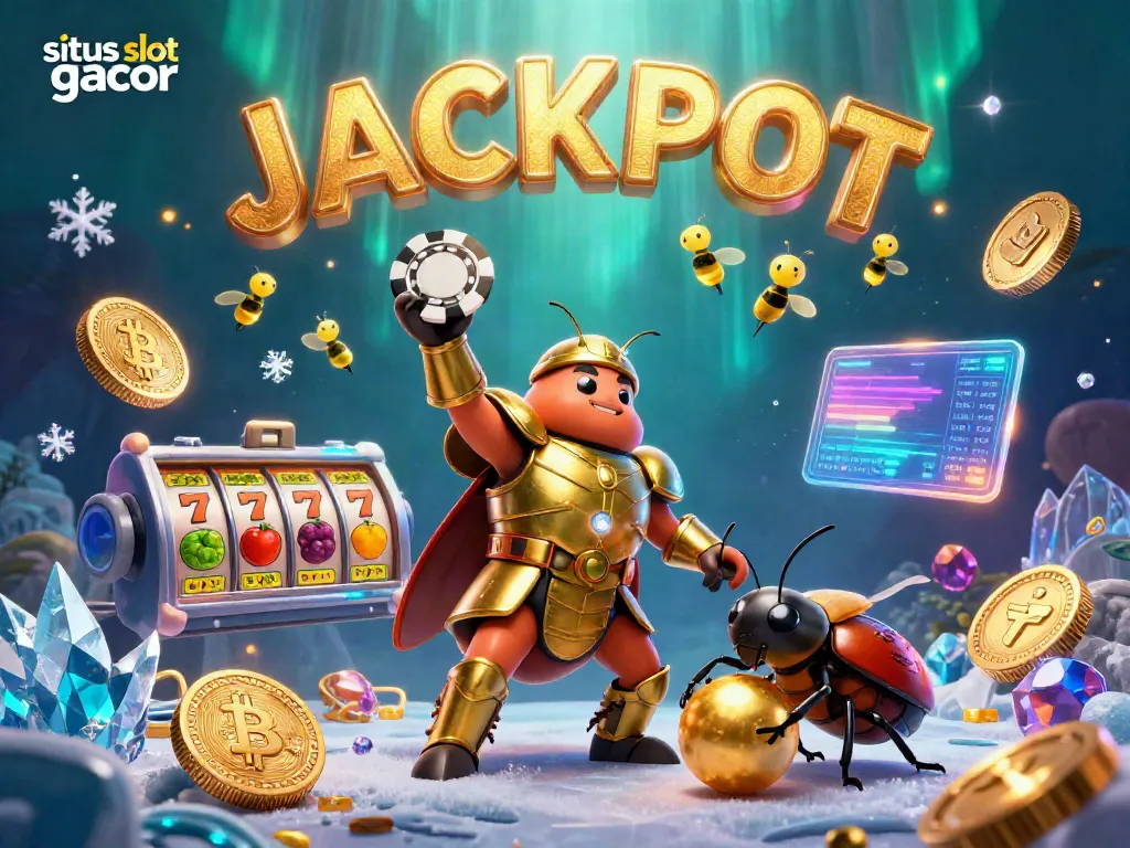 Experience big wins at situs slot gacor with a victory-themed 3D digital artwork featuring a heroic beetle, jackpot symbols, and crypto coins.