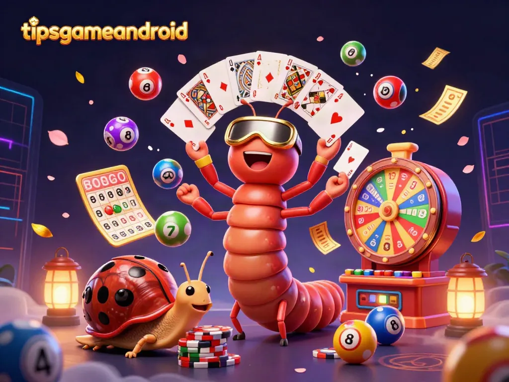 Engage with tipsgameandroid at a lively casino scene featuring a cartoon millipede dealer and lottery elements.