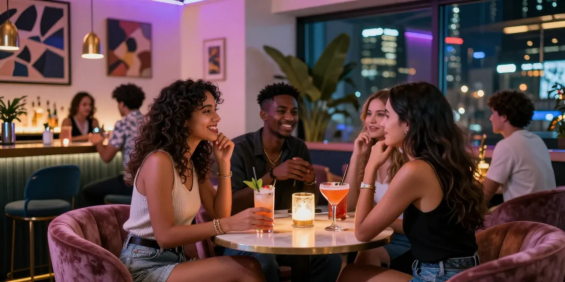 Buổi tiệc đêm sôi động với gái gọi trong quán bar hiện đại, ánh sáng êm dịu.