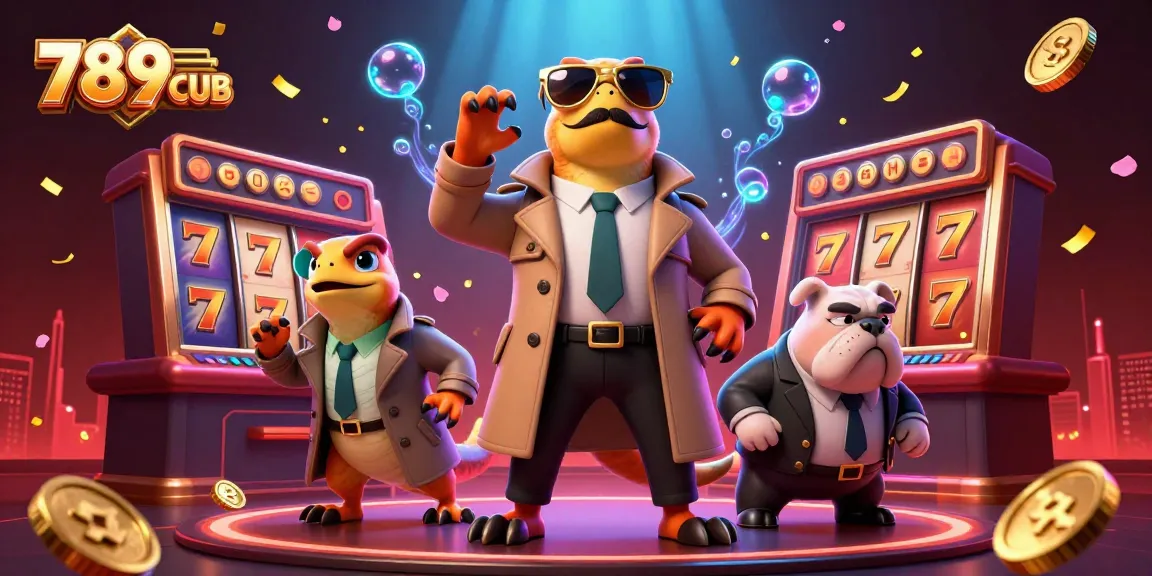 Experience exciting gaming at 789CLUB with playful raptors in a casino scene filled with slot symbols and festive decorations.