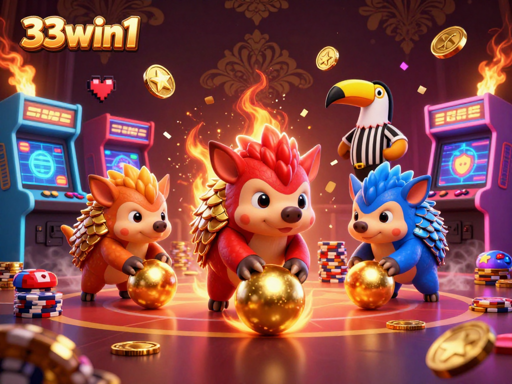 33win1 showcases rival pangolins in a thrilling casino game scene amidst poker chips and colorful arcade machines.