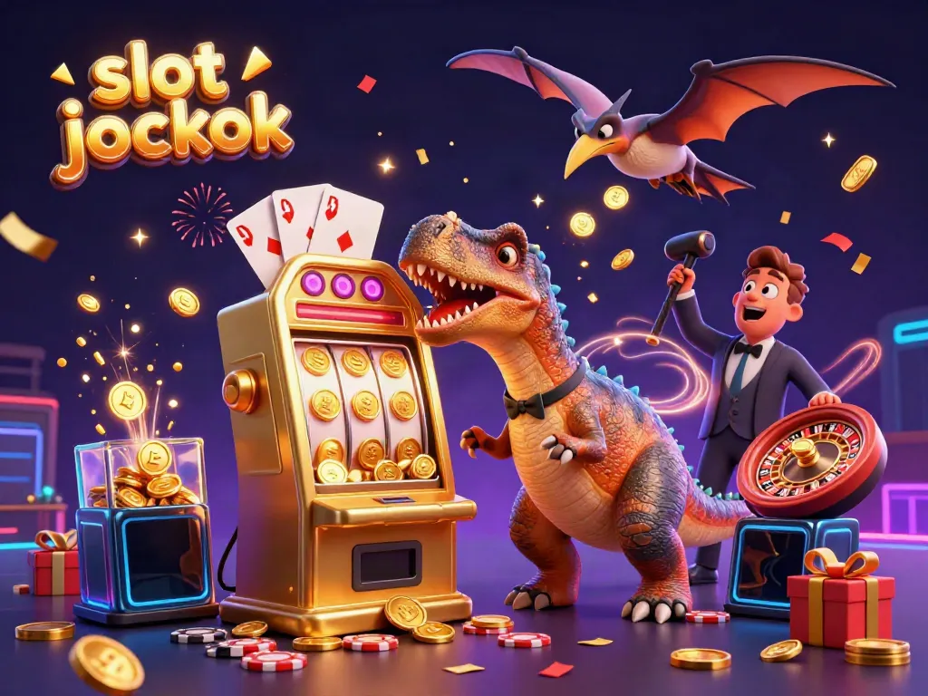 Watch a pachycephalosaurus hit the slot jackpot amidst a colorful casino scene.