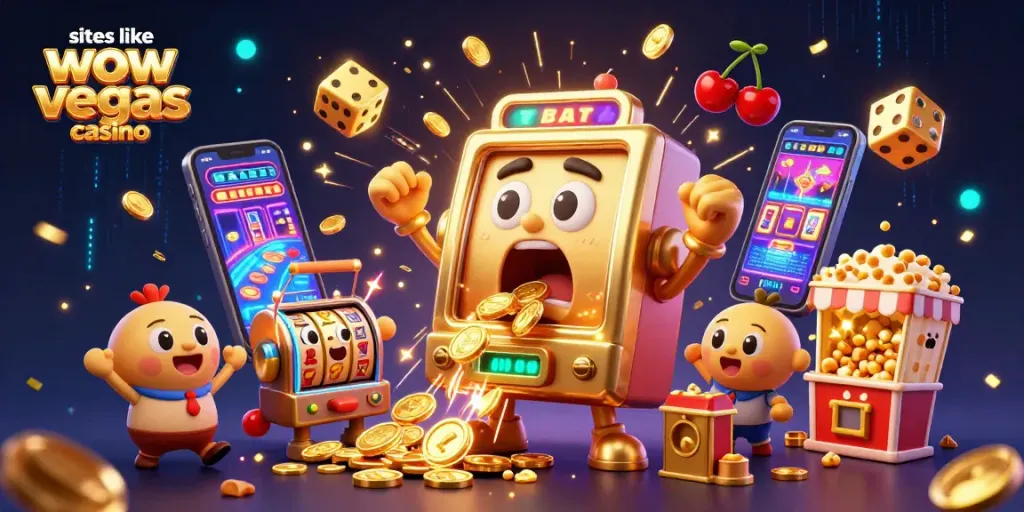 Win big at sites like wow vegas casino with a vibrant jackpot scene featuring playful slot machines.