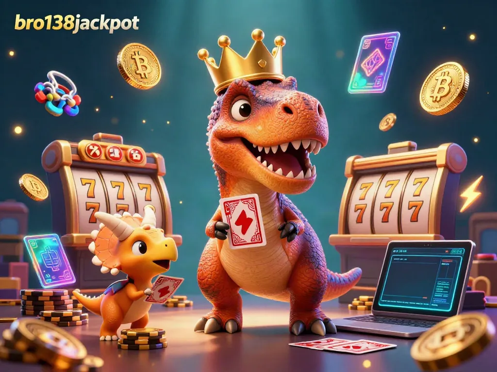 Experience the excitement of bro138jackpot with a fun scene of a T-Rex and friends at a dynamic slot game!