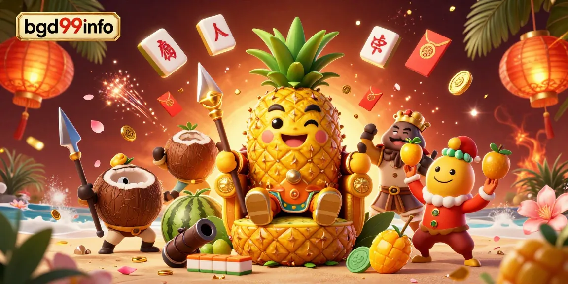 Experience the vibrant casino atmosphere at bgd99info with a golden pineapple king, dynamic characters, and festive details.