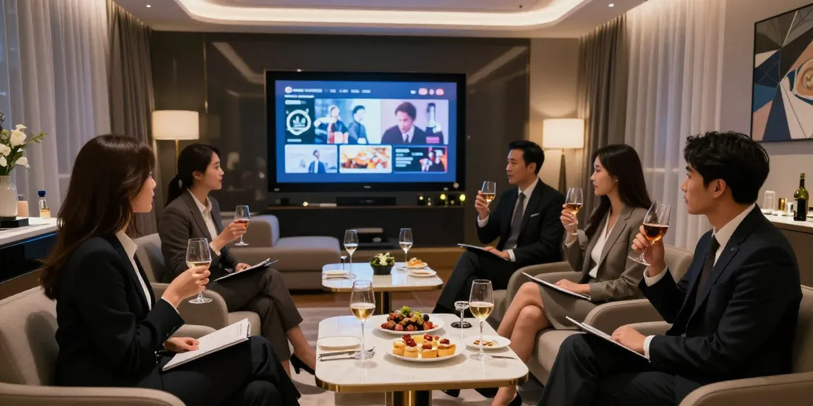 강남구구단에서 고급스러운 분위기의 룸살롱 모습, 비즈니스 미팅 중인 고객들.