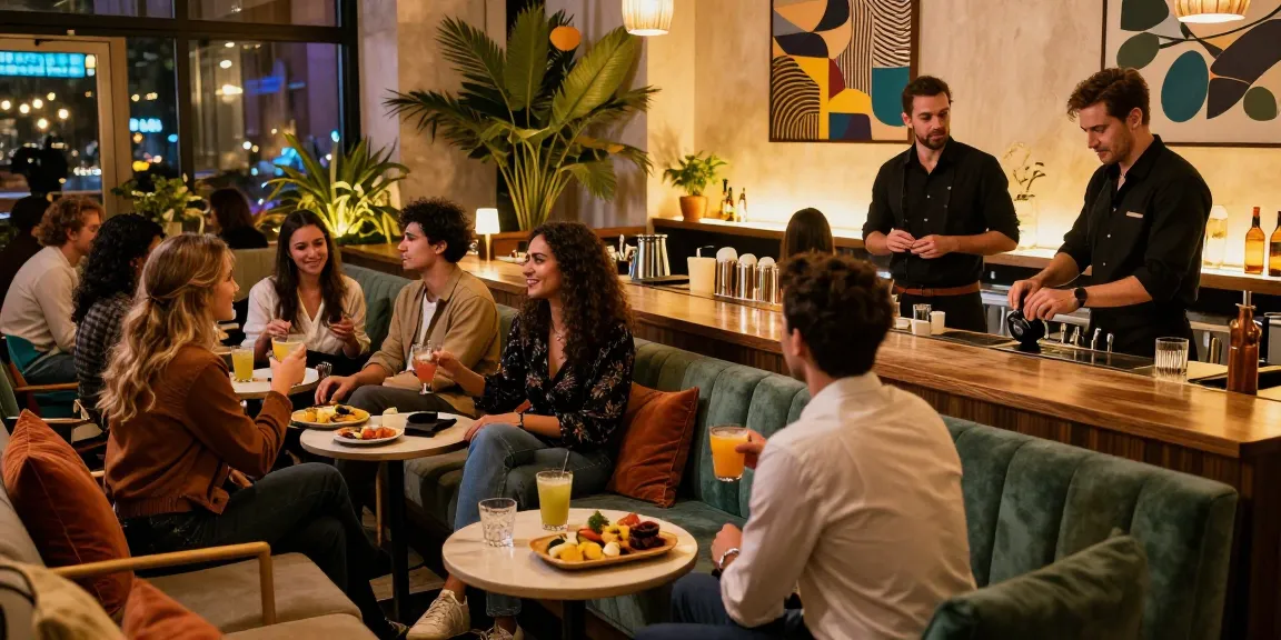 Group of friends enjoying drinks at a lively 오피사이트 lounge.