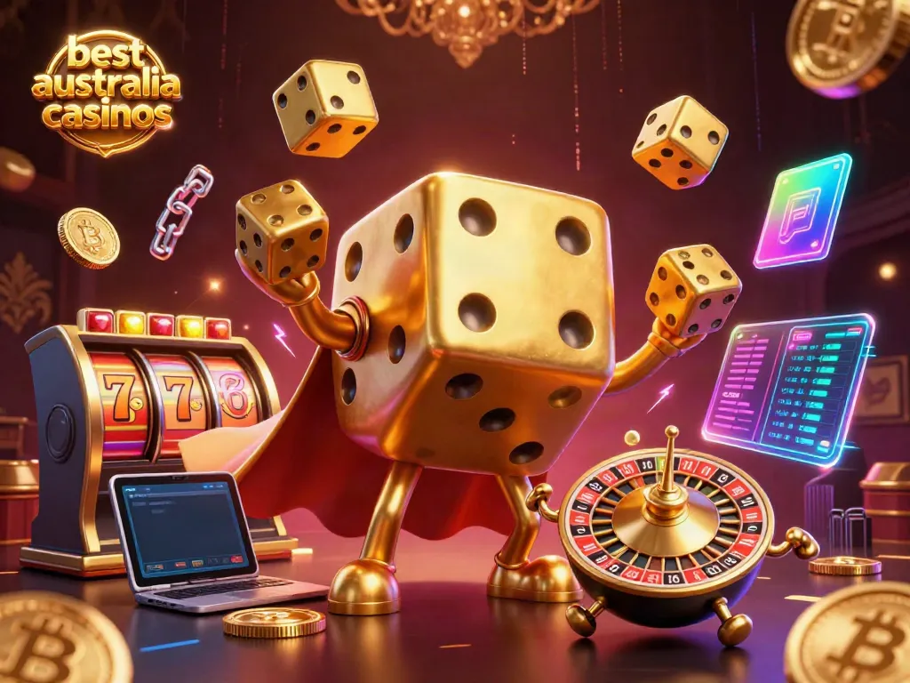 Engage in thrilling gameplay at the best australia online casinos with a vibrant 3D illustration of dice, cards, and crypto elements.