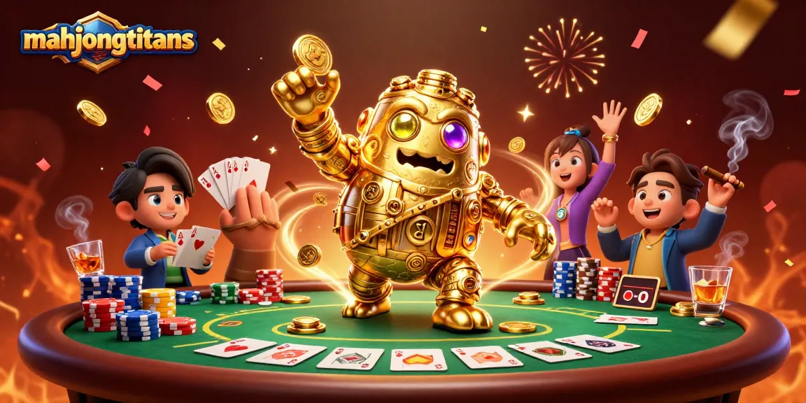 Experience mahjongtitans with stunning visuals of golden golems and poker elements in a vibrant casino scene.