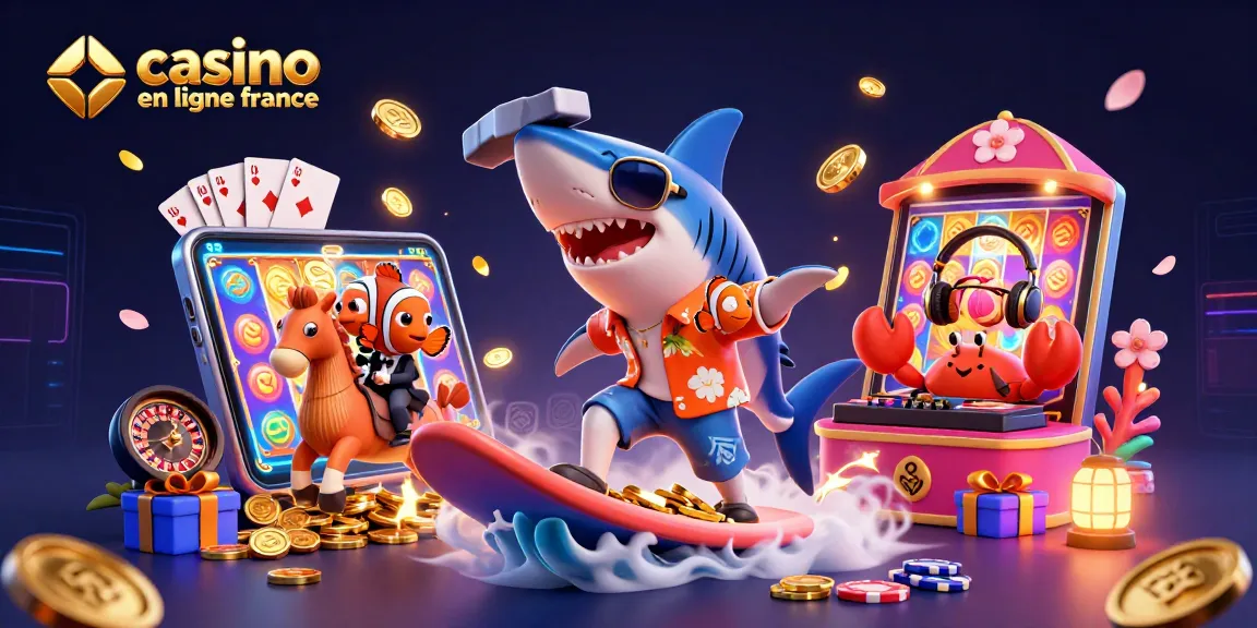 Profitez de l'excitation des jeux au casino en ligne France avec un requin cartoon surfeur.