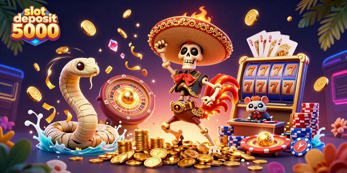 Experience thrilling wins with slot deposit 5000, illustrated by vibrant casino characters and dynamic elements.