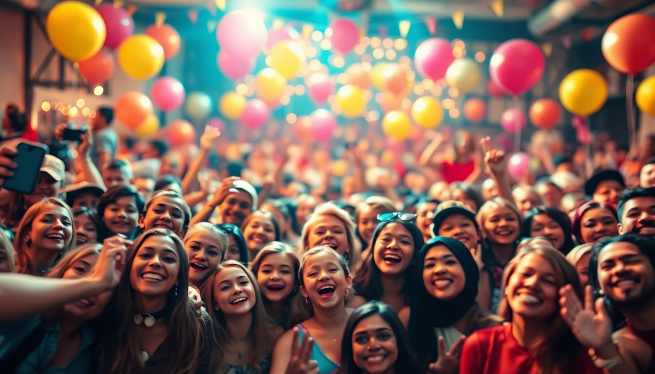 Creating a vibrant selfie mosaic from multiple joyful selfies in a festive atmosphere.