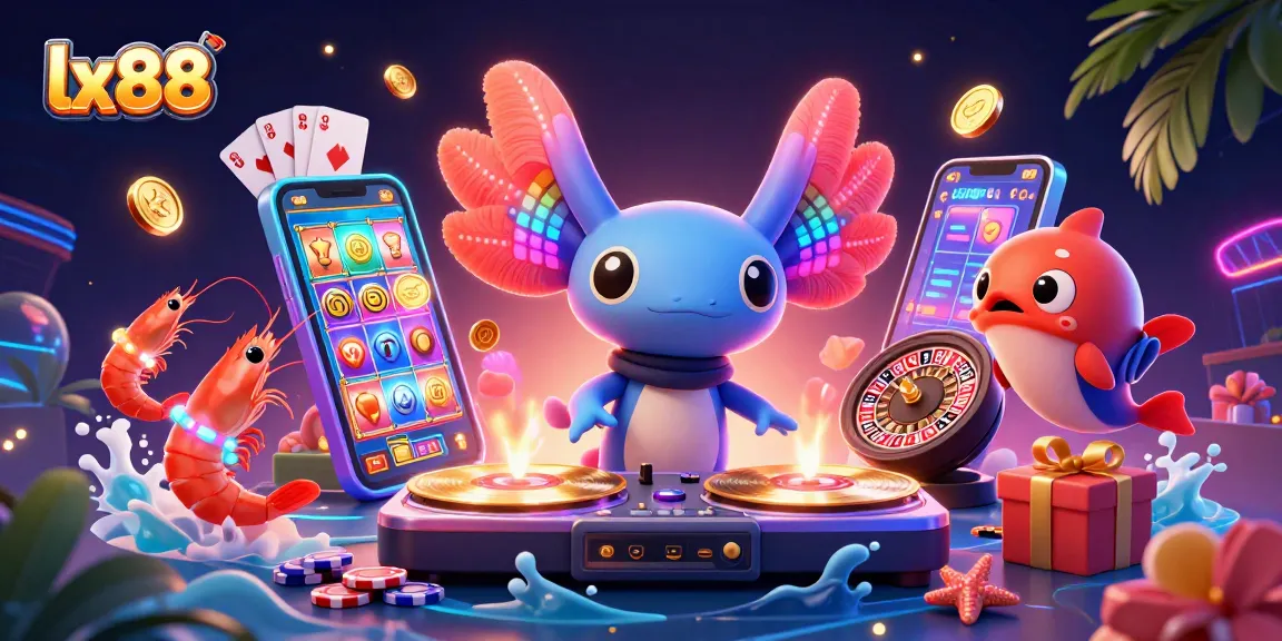 Experience vibrant gaming excitement with lx88, featuring a neon-colored axolotl DJ at a lively underwater casino.