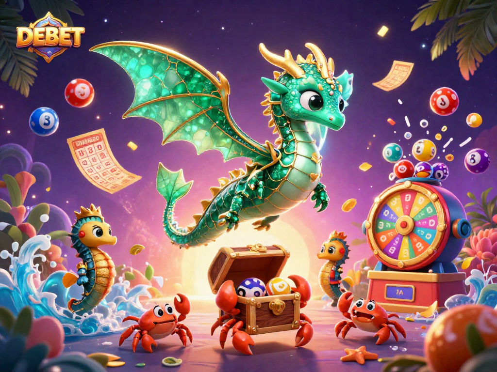 Experience thrilling gaming with DEBET's vibrant lottery elements and enchanting sea dragon illustration.
