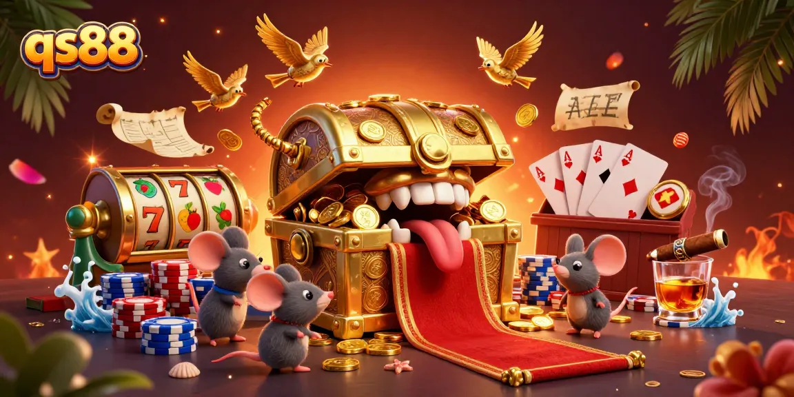 Experience thrilling slots at qs88, with a vibrant treasure chest and poker elements in this lively casino scene.