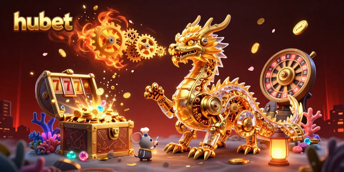 Experience hubet's thrilling ambiance with a golden dragon and casino elements in a rich 3D scene.