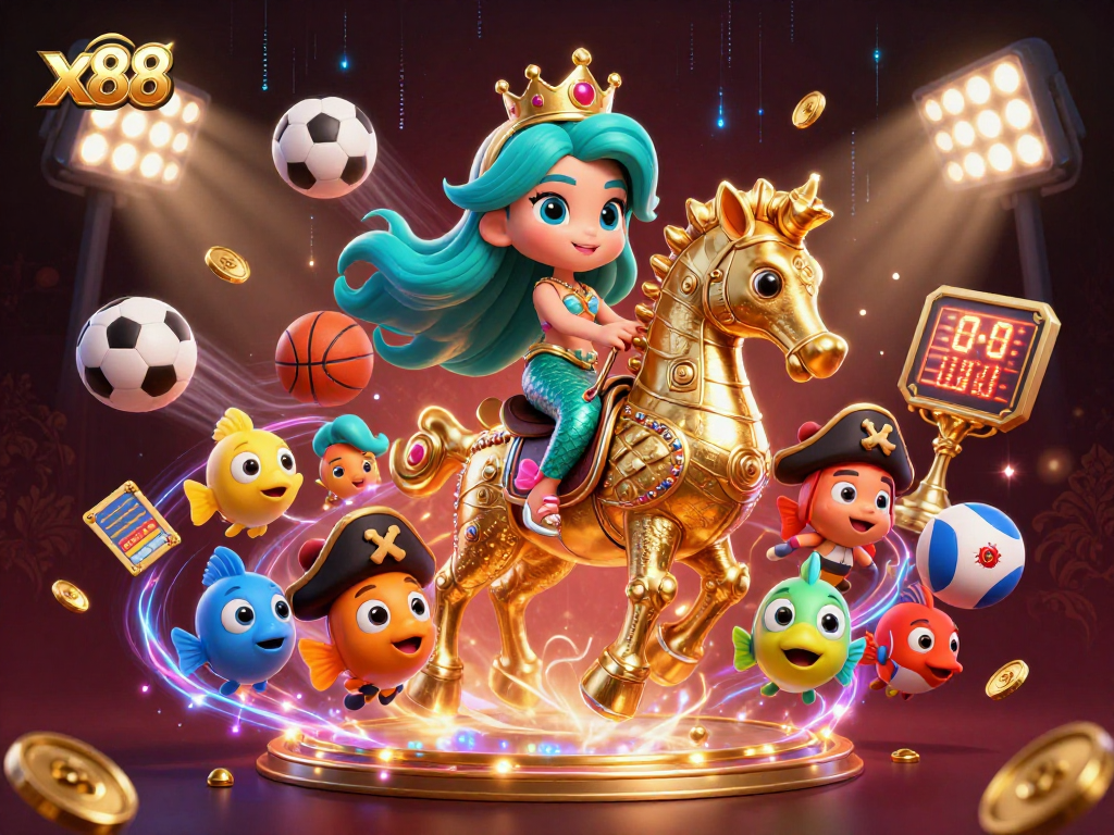 Experience the excitement of x88 with a colorful casino-themed 3D illustration featuring dynamic game elements and vibrant characters.