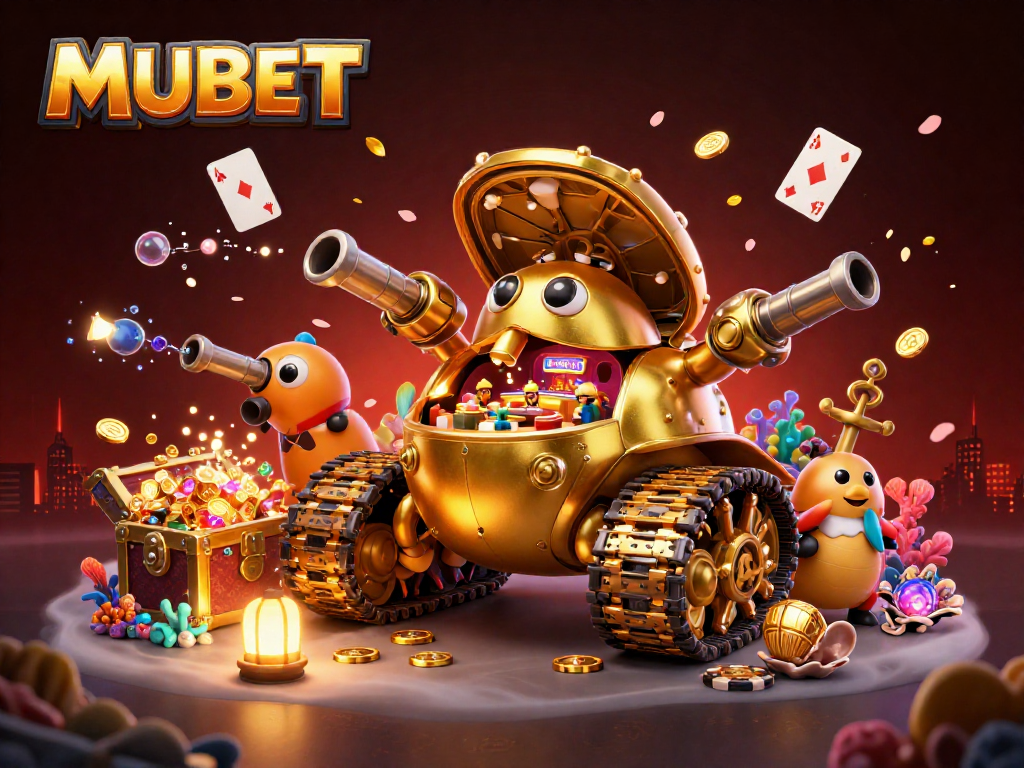 MUBET offers a vibrant gaming experience showcasing a cartoon casino tank and slot machine elements.