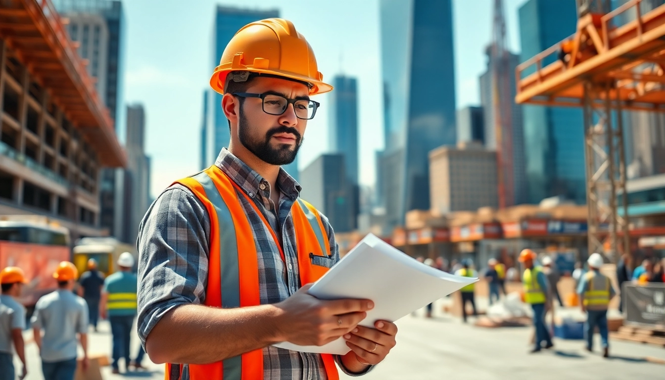 New York City Construction Manager directing a busy site amidst iconic skyscrapers.