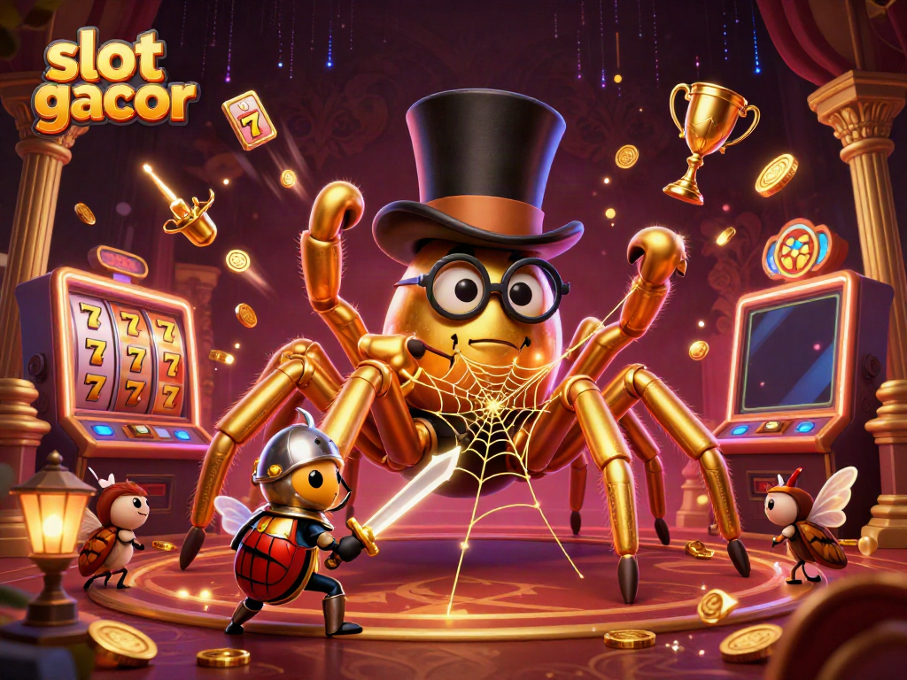 Engage in thrilling slot gacor games surrounded by a whimsical tarantula and beetle knight in a colorful casino scene.