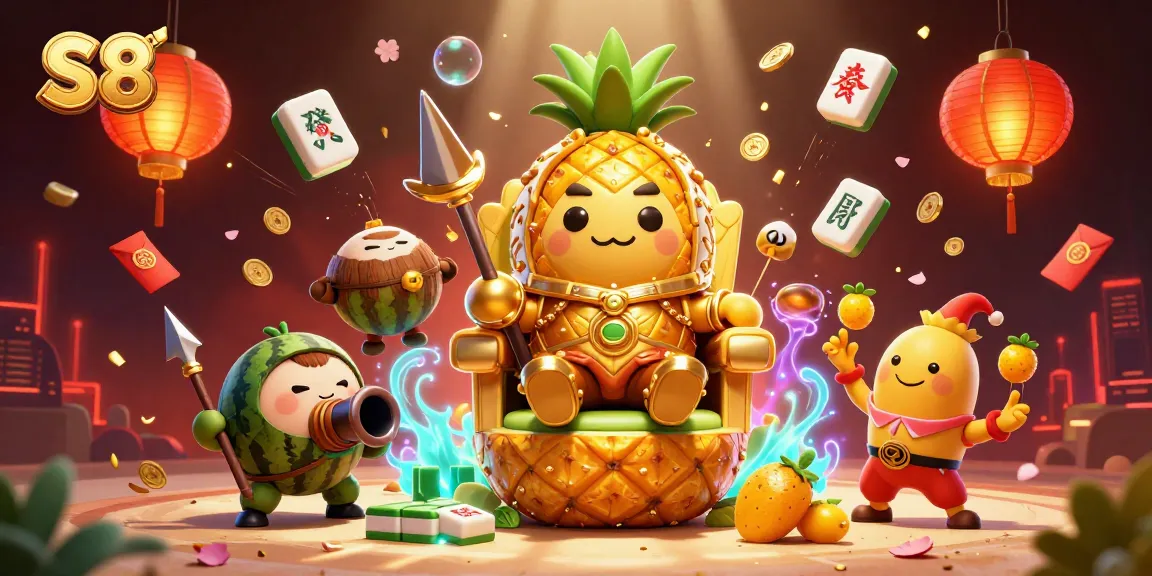S8 engaging players in a vivid casino scene featuring a golden pineapple king and festive game elements.