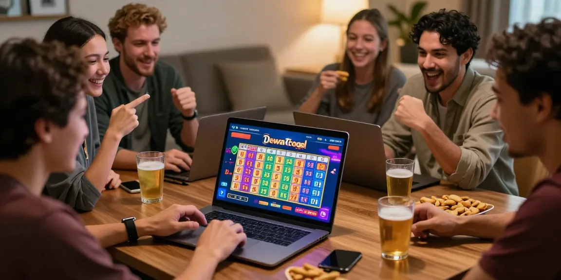 Dewatogel gaming scene with friends placing bets online, vibrant atmosphere.