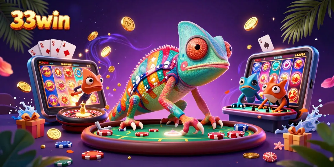 Engage in exciting gaming at 33win with a dynamic chameleon casino character and vibrant slot game elements.