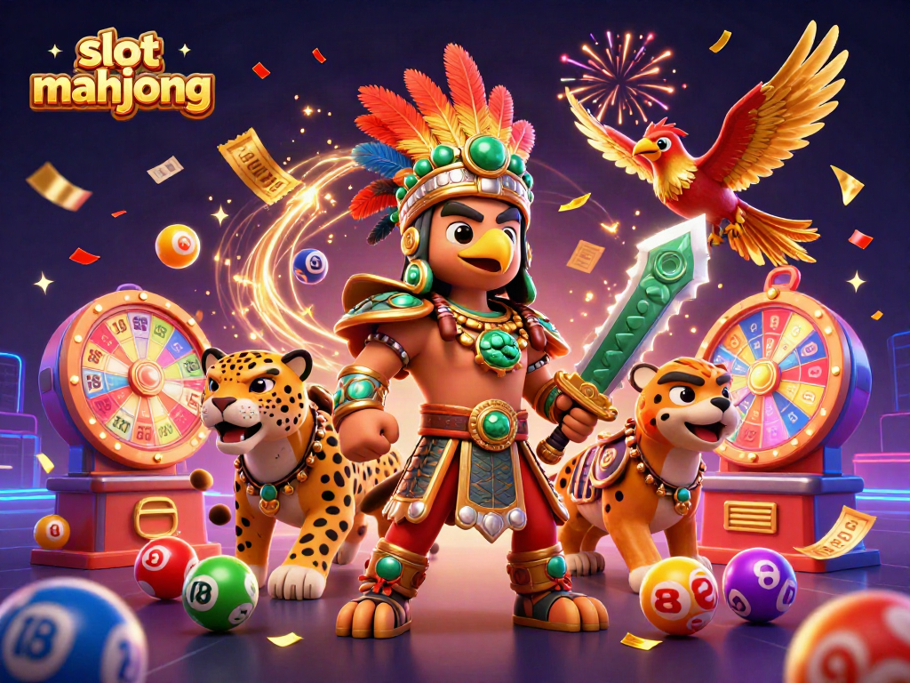 Experience vibrant slot mahjong action with dynamic characters and festive gambling elements in this illustration.