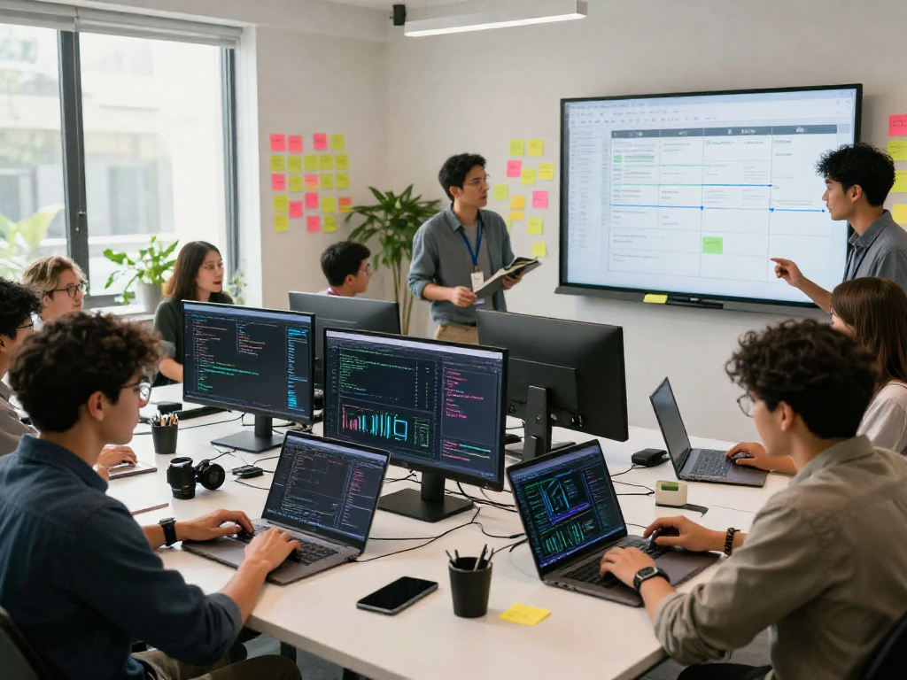 Team collaborating on AI 18+ project in modern workspace with tech devices and creativity.